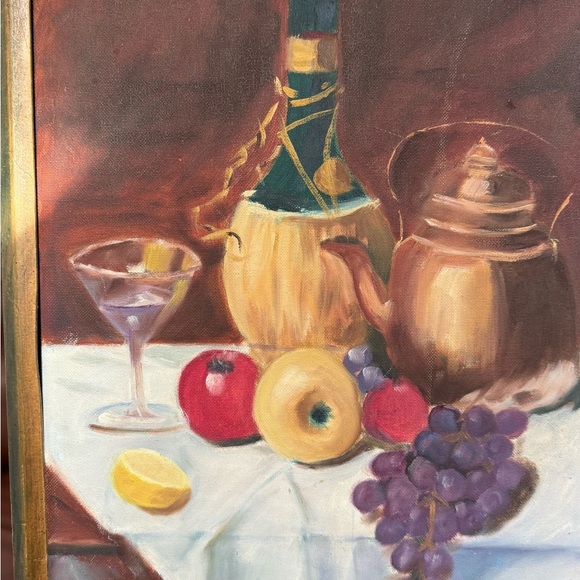 Vintage 1989 Still Life Painting Fruit and Italian Wine Decanter & Kettle - Picture 3 of 13